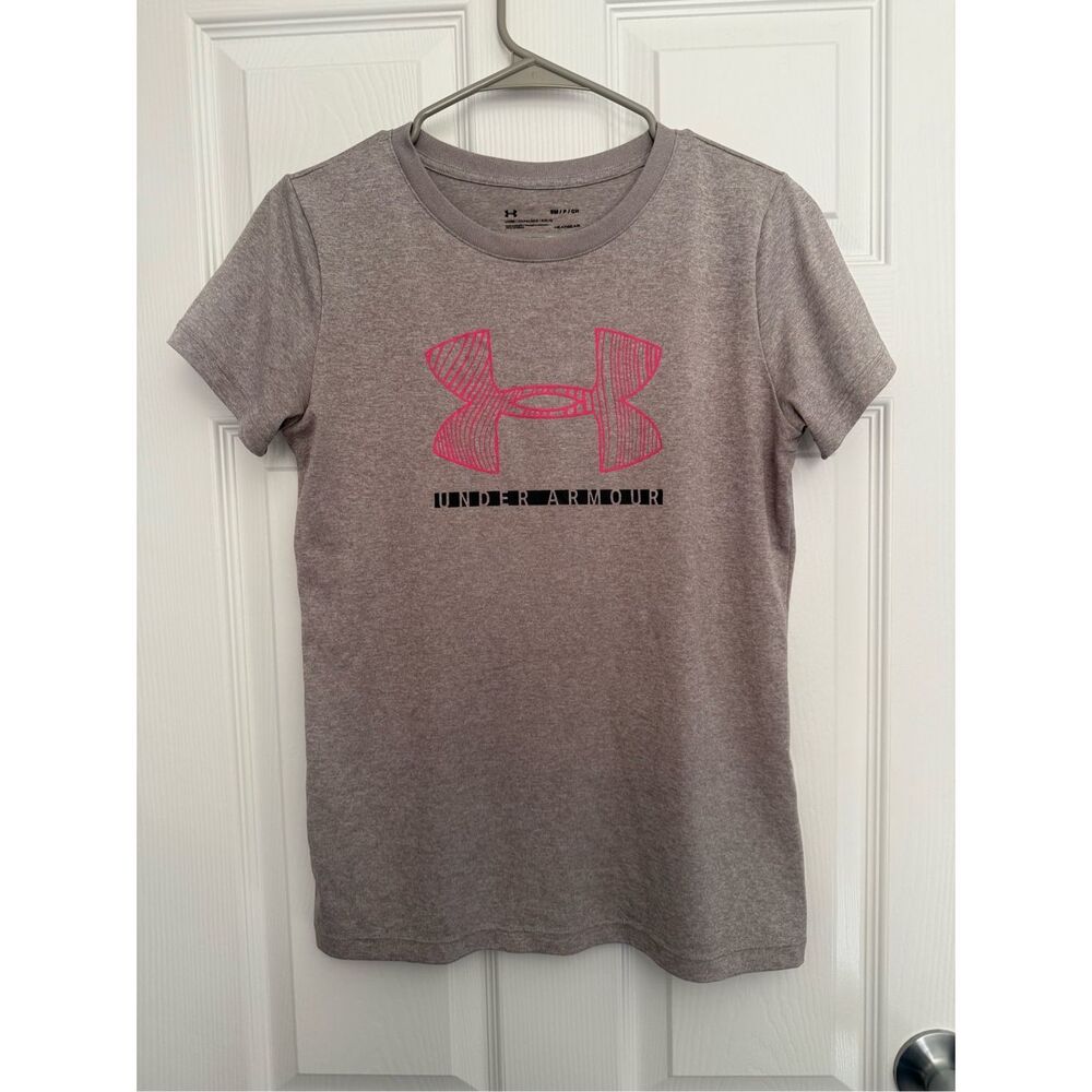 Under Armour T Shirt Women's Small Heatgear Loose Fit Gray Pink Logo Top